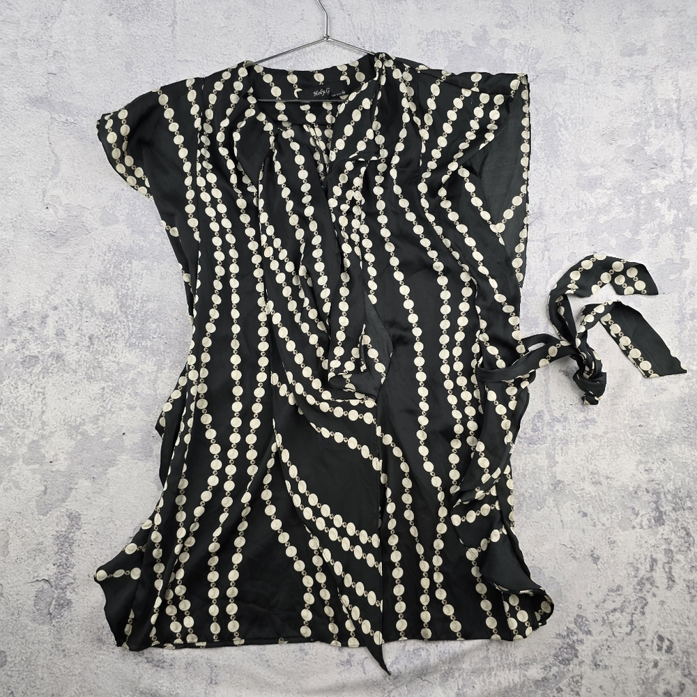 Black and White Asymmetrical Tie Front Blouse